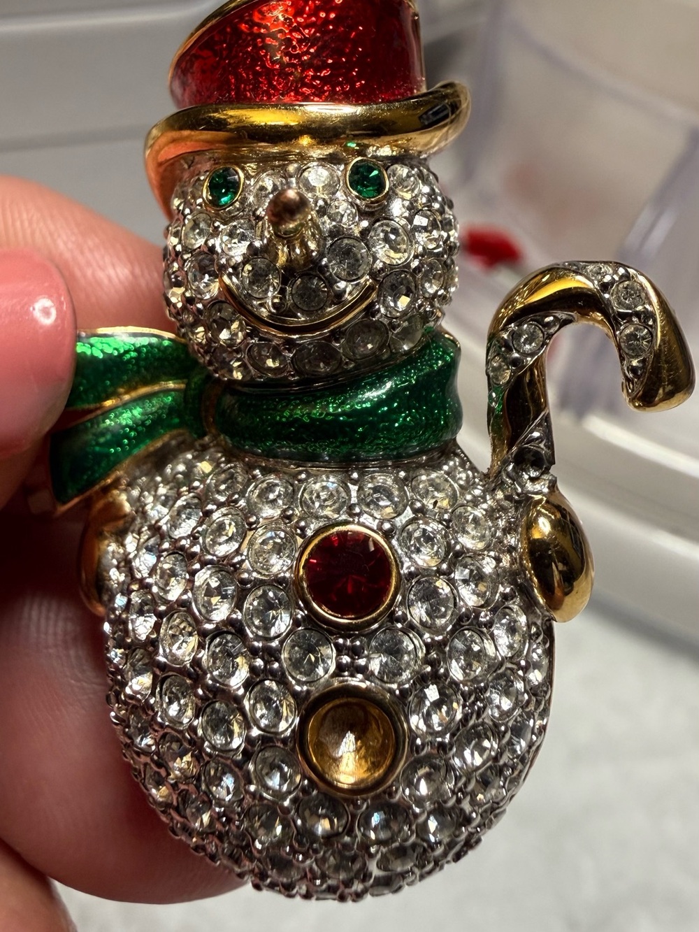 Swarovski Crystal Snowman Brooch with Red, Green, Gold and Clear Crystals
